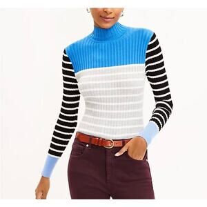 Loft Rayon Blend Blue Gray Black Striped Turtleneck Long Sleeve Sweater Top